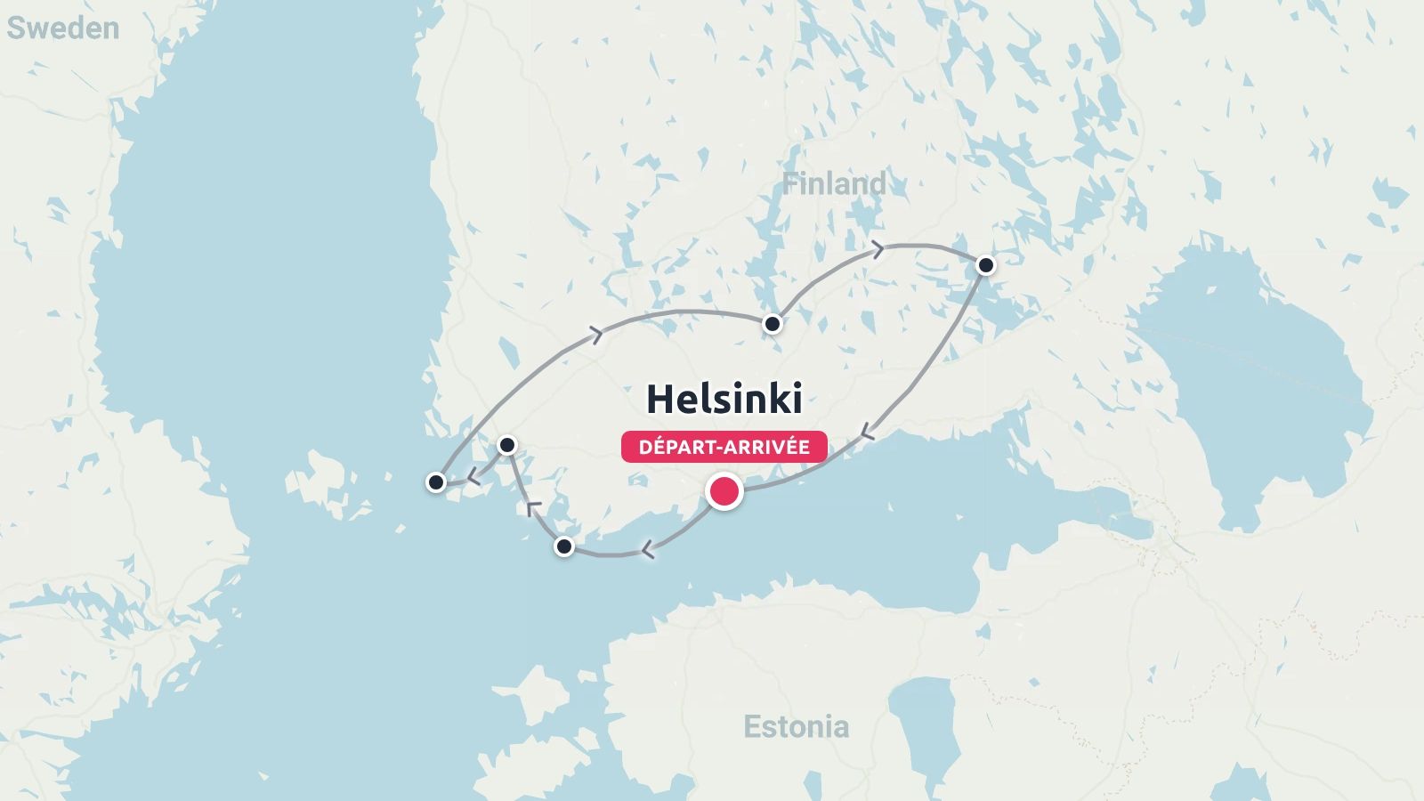 Une carte d'itinéraire de voyage montrant un parcours circulaire débutant et se terminant à Helsinki, en Finlande.
