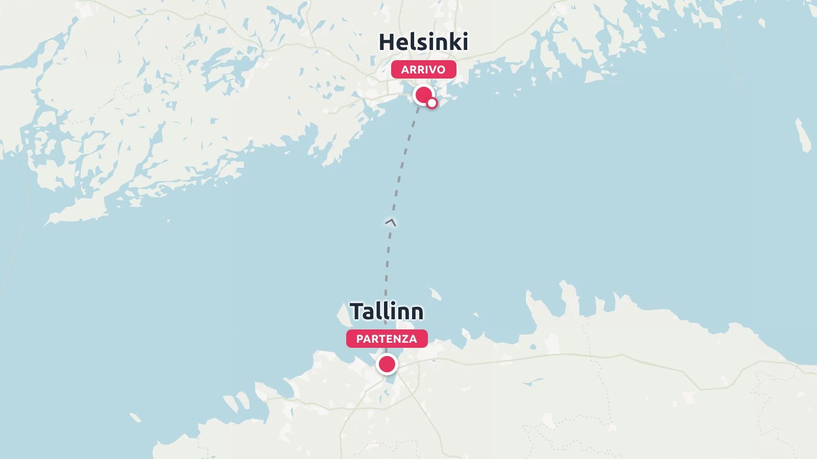 Una mappa che mostra un itinerario di viaggio attraverso il mare da Tallinn segnata come partenza a Helsinki segnata come arrivo.