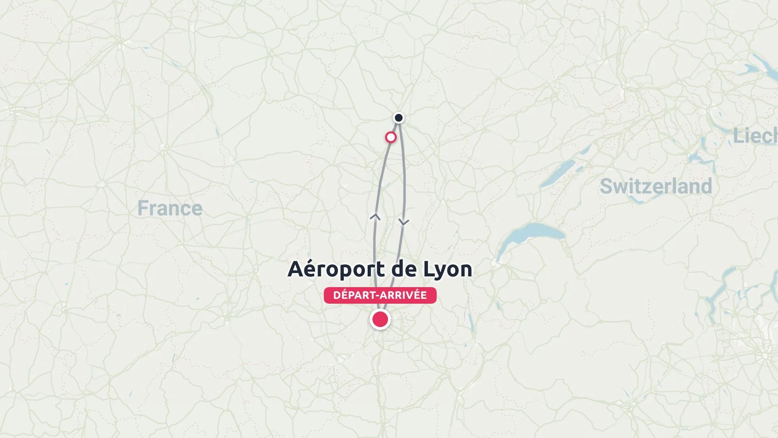 Un itinéraire de voyage en France montrant un circuit avec un départ et une arrivée à l'aéroport de Lyon.