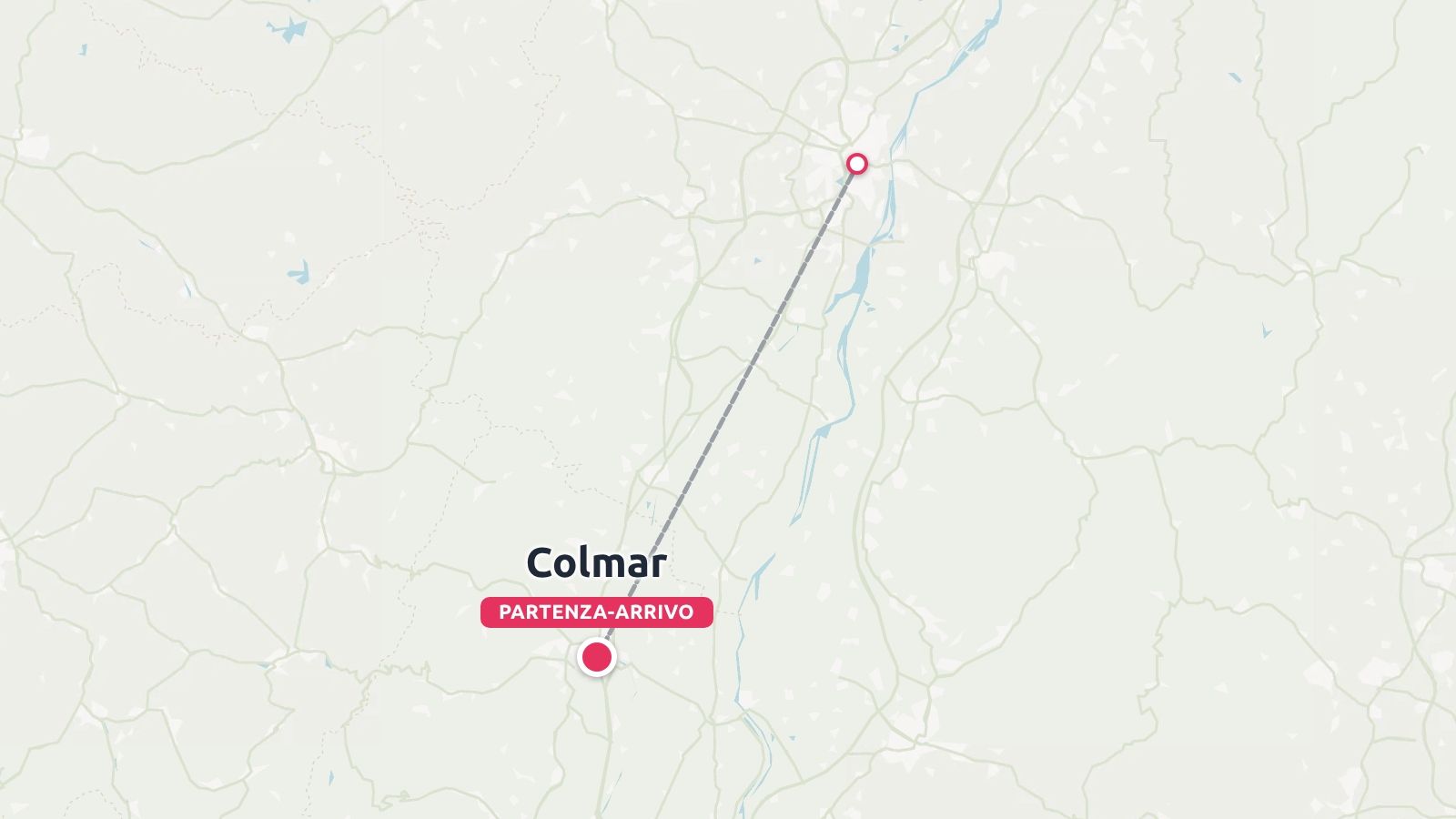 Una mappa dell'itinerario di viaggio che mostra un percorso di destinazione con partenza e arrivo a Colmar.