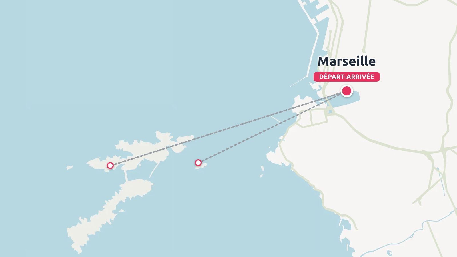 Une carte montrant les itinéraires de voyage en mer entre Marseille et les îles au large voisines.