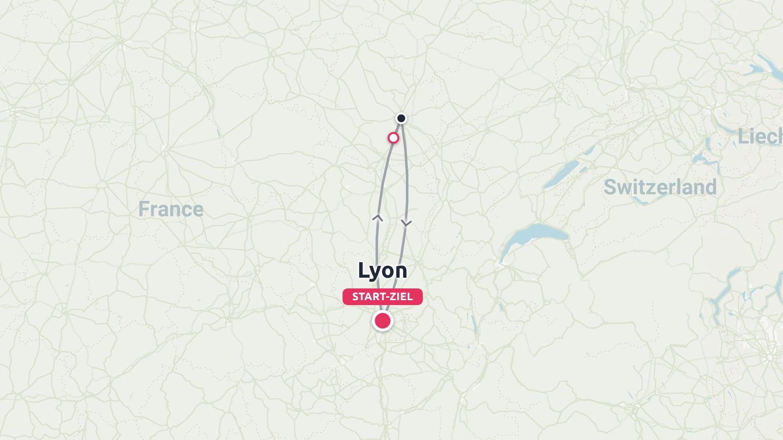 Eine Reiseroute, die eine Rundreise mit Start und Ziel in Lyon, Frankreich, zeigt.