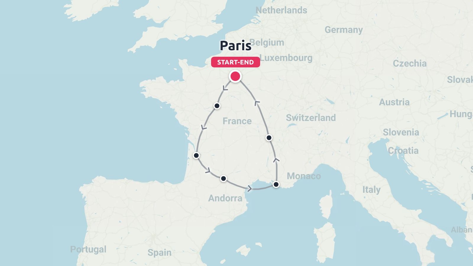 A travel route map across France showing a circular itinerary starting and ending in Paris.