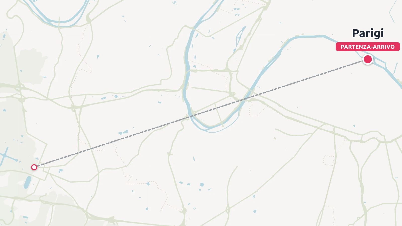 Una mappa minimalista con una linea tratteggiata che mostra un itinerario di viaggio che collega a Parigi.