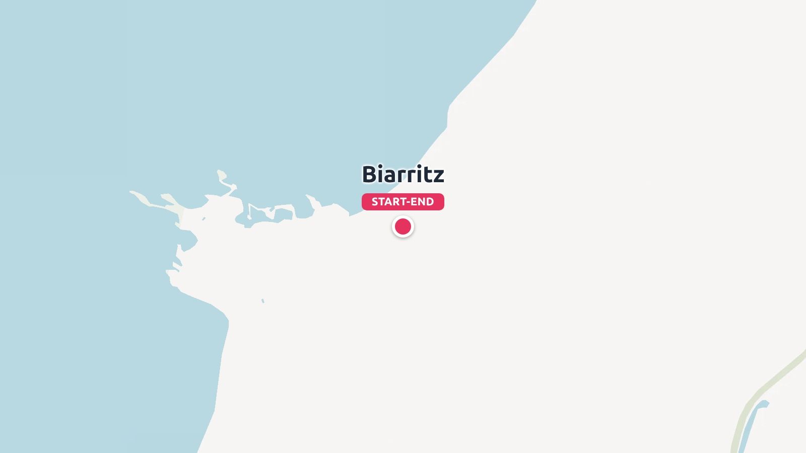 A travel route map highlighting Biarritz on the coastline marked as the start and end point.