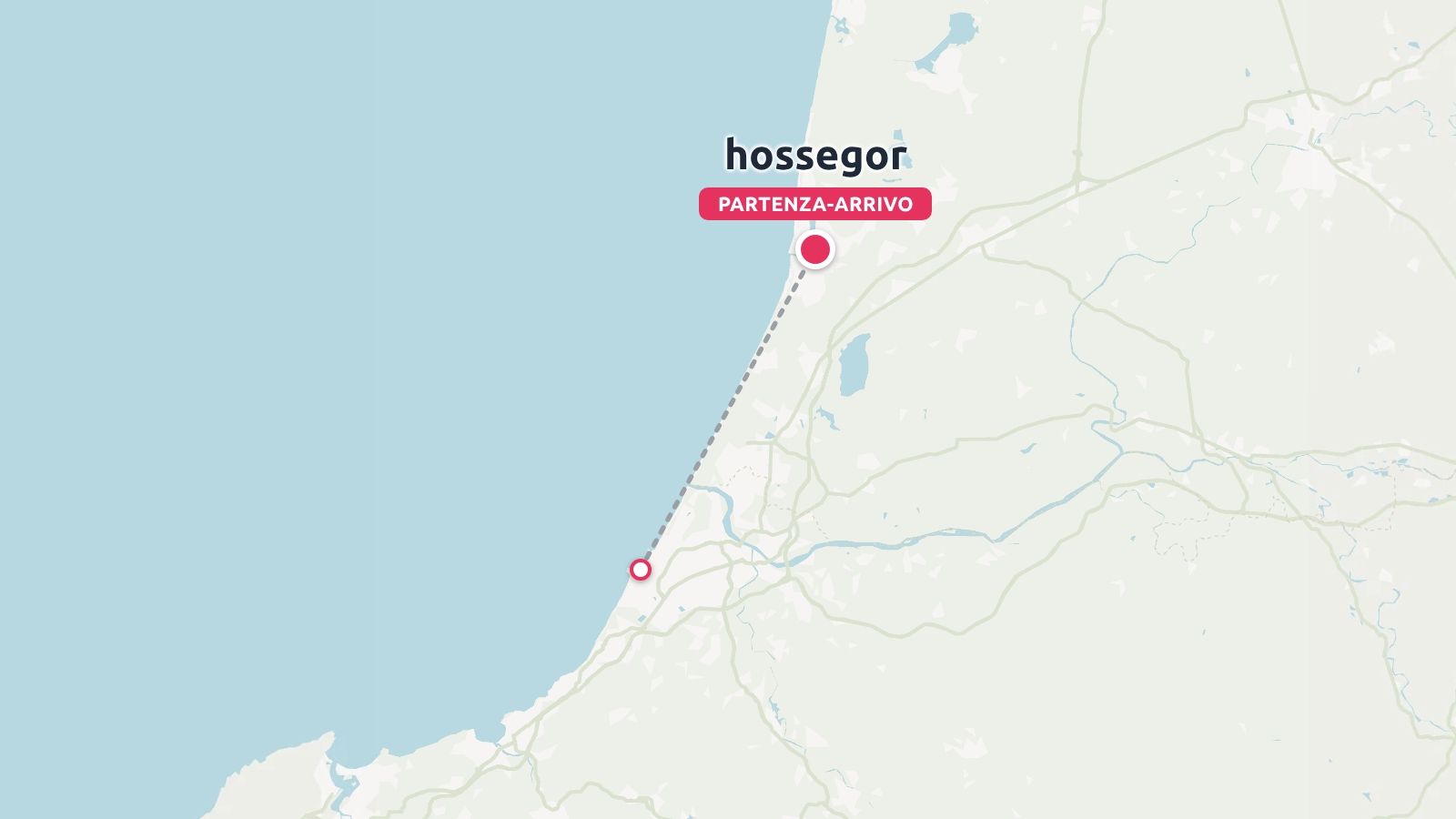 Una mappa che mostra un itinerario di viaggio costiero con partenza e arrivo segnati a Hossegor