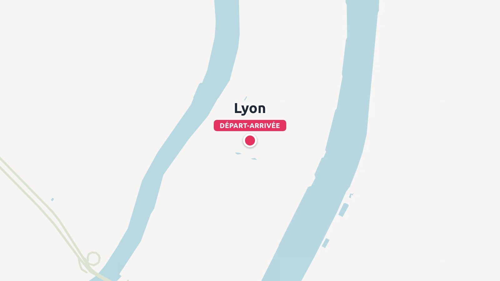 Une carte graphique minimaliste marquant Lyon comme point de départ et d'arrivée située entre deux cours d'eau bleus.