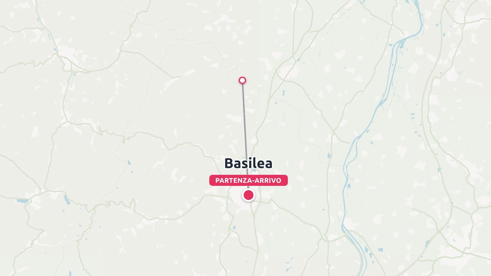 Una mappa di itinerario di viaggio che mostra Basilea contrassegnata come punto di partenza e di arrivo con una tappa di destinazione.
