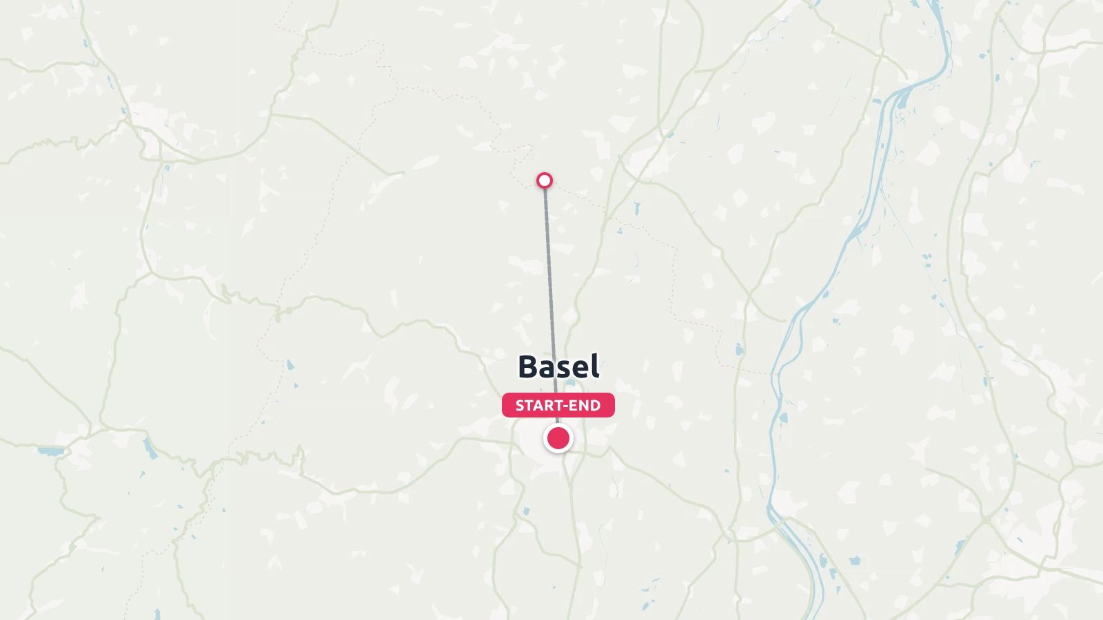 Map showing a travel route starting and ending in Basel, connected by a line to a point to the north.