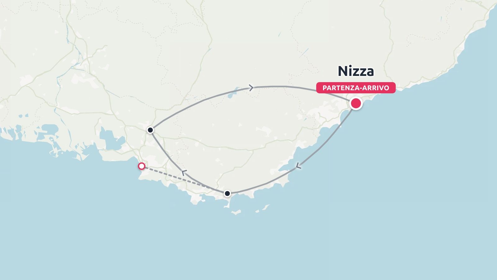 Una mappa dell'itinerario di viaggio che mostra un percorso circolare con partenza e arrivo a Nizza lungo la costa.