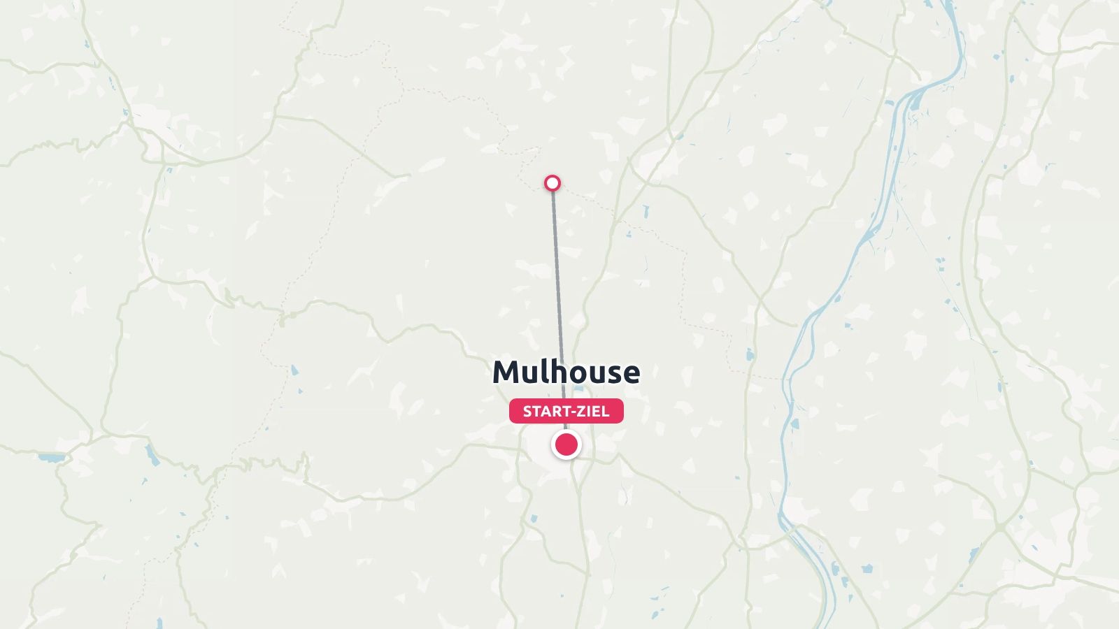 Eine hellfarbige Routenkarte, die Mülhausen mit einer Start-Ziel-Beschriftung und einem verbundenen Weg nach Norden zeigt.