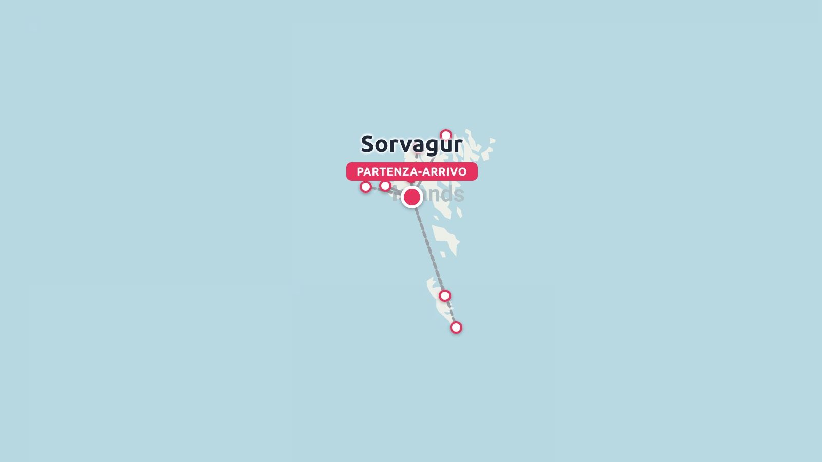 Una mappa dell'itinerario di viaggio delle Isole Faroe che evidenzia le tappe intermedie e parte da Sørvágur.
