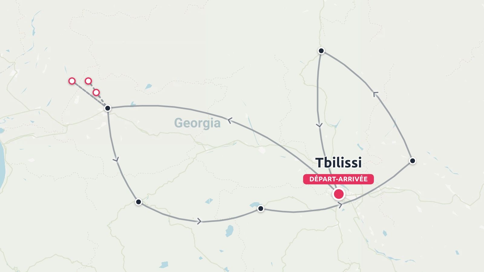 Une carte d'itinéraire de voyage en Géorgie montrant un parcours circulaire commençant et se terminant à Tbilissi.