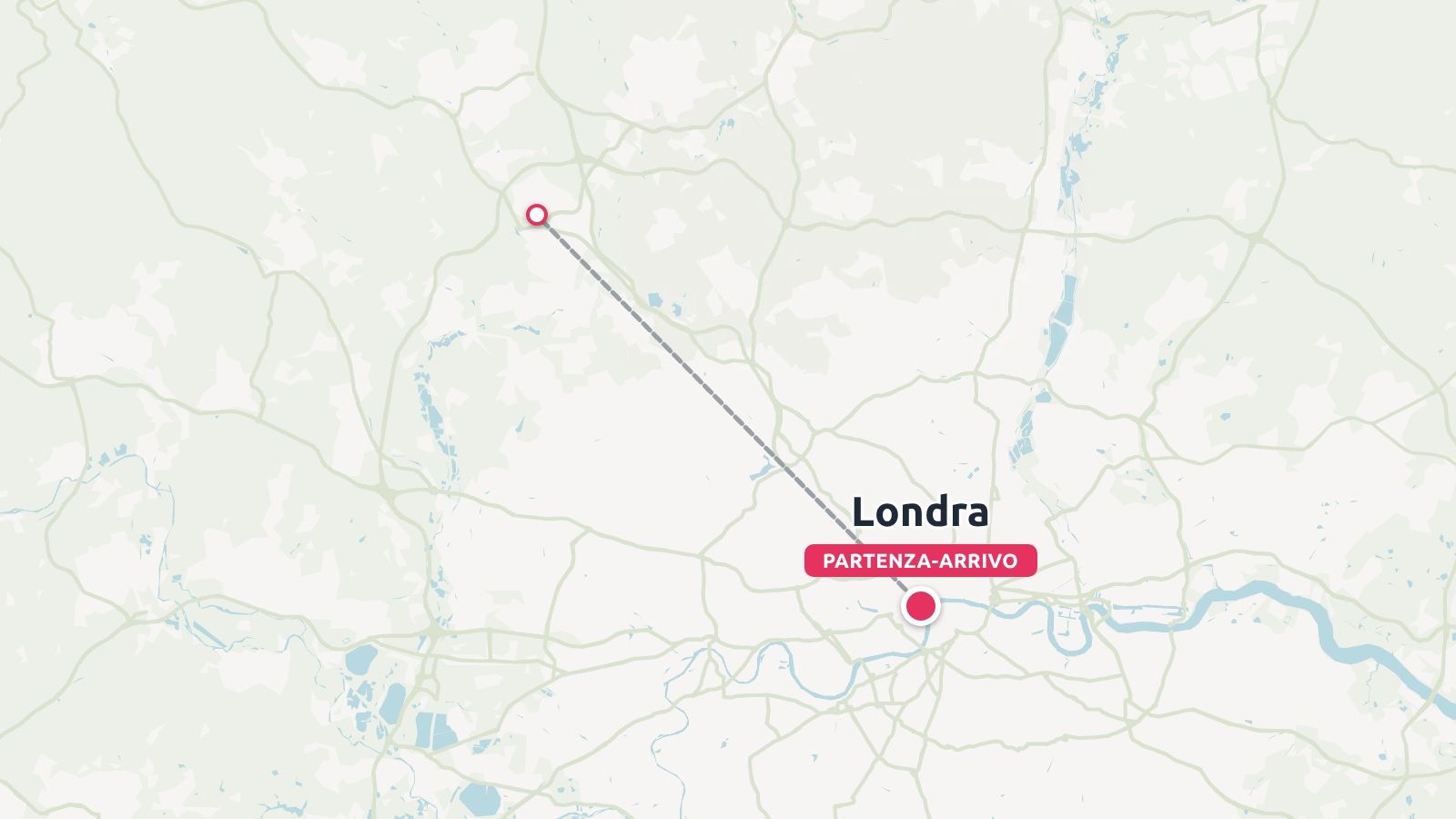 Una mappa che mostra un itinerario di viaggio tratteggiato che collega Londra a una destinazione nel nord-ovest.