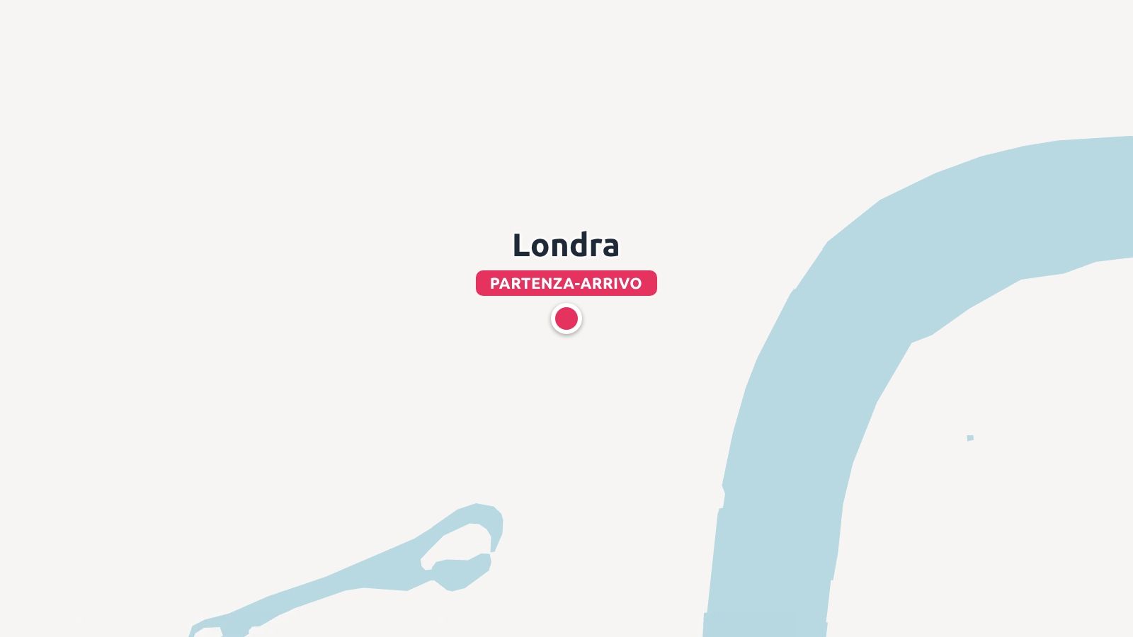 Una grafica di mappa minimalista che segna Londra come destinazione di partenza e arrivo con un puntatore rosso.