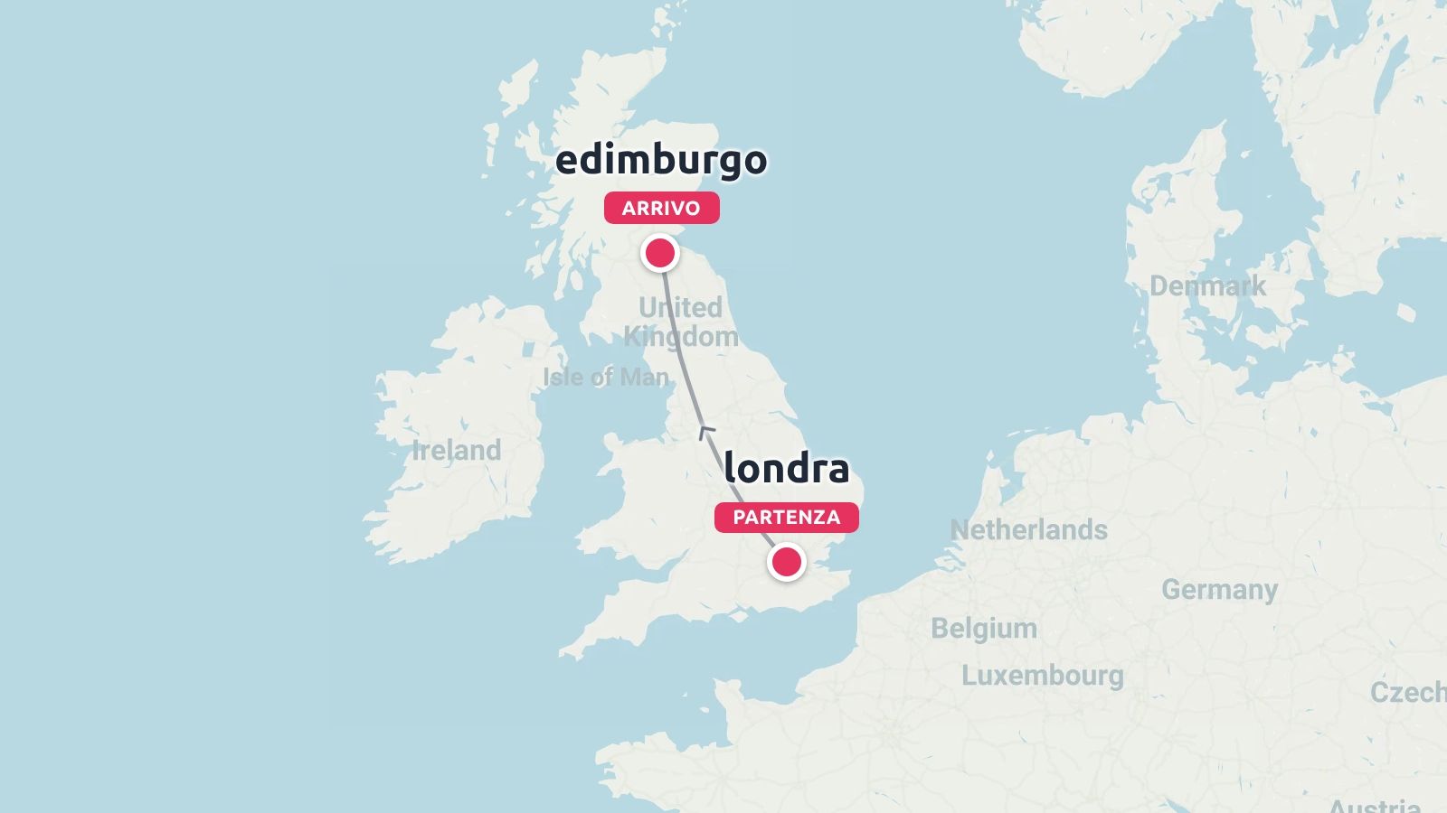 Mappa dell'itinerario di viaggio che mostra la partenza da Londra all'arrivo a Edimburgo nel Regno Unito.