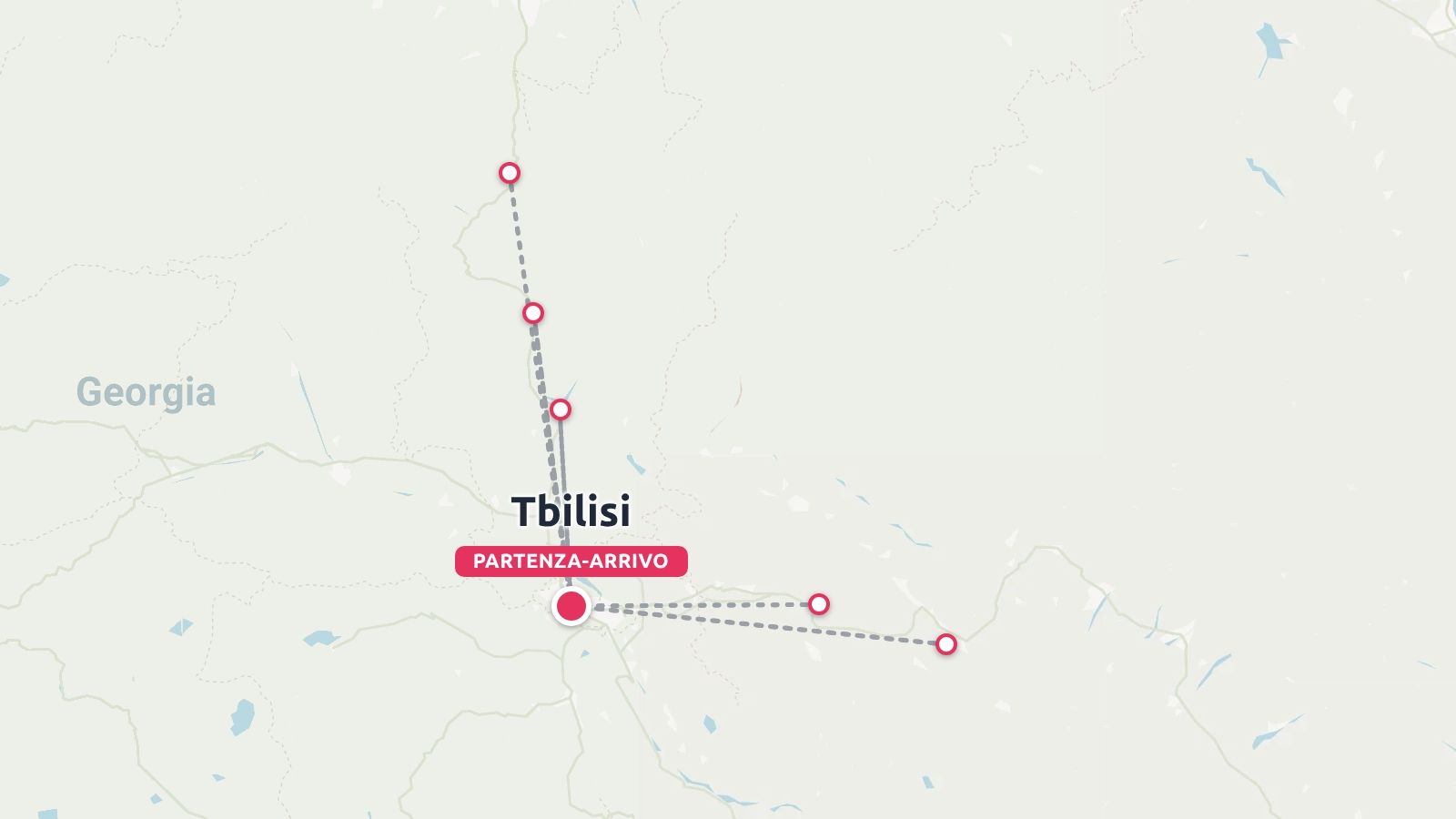 Una mappa dell'itinerario di viaggio in Georgia con partenza e arrivo a Tbilisi e tappe contrassegnate da cerchi rossi.