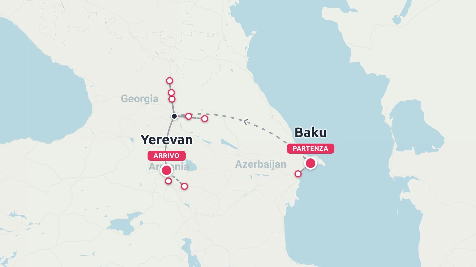 Mappa dell'itinerario di viaggio attraverso Azerbaigian, Georgia e Armenia, con partenza da Baku e arrivo a Yerevan.