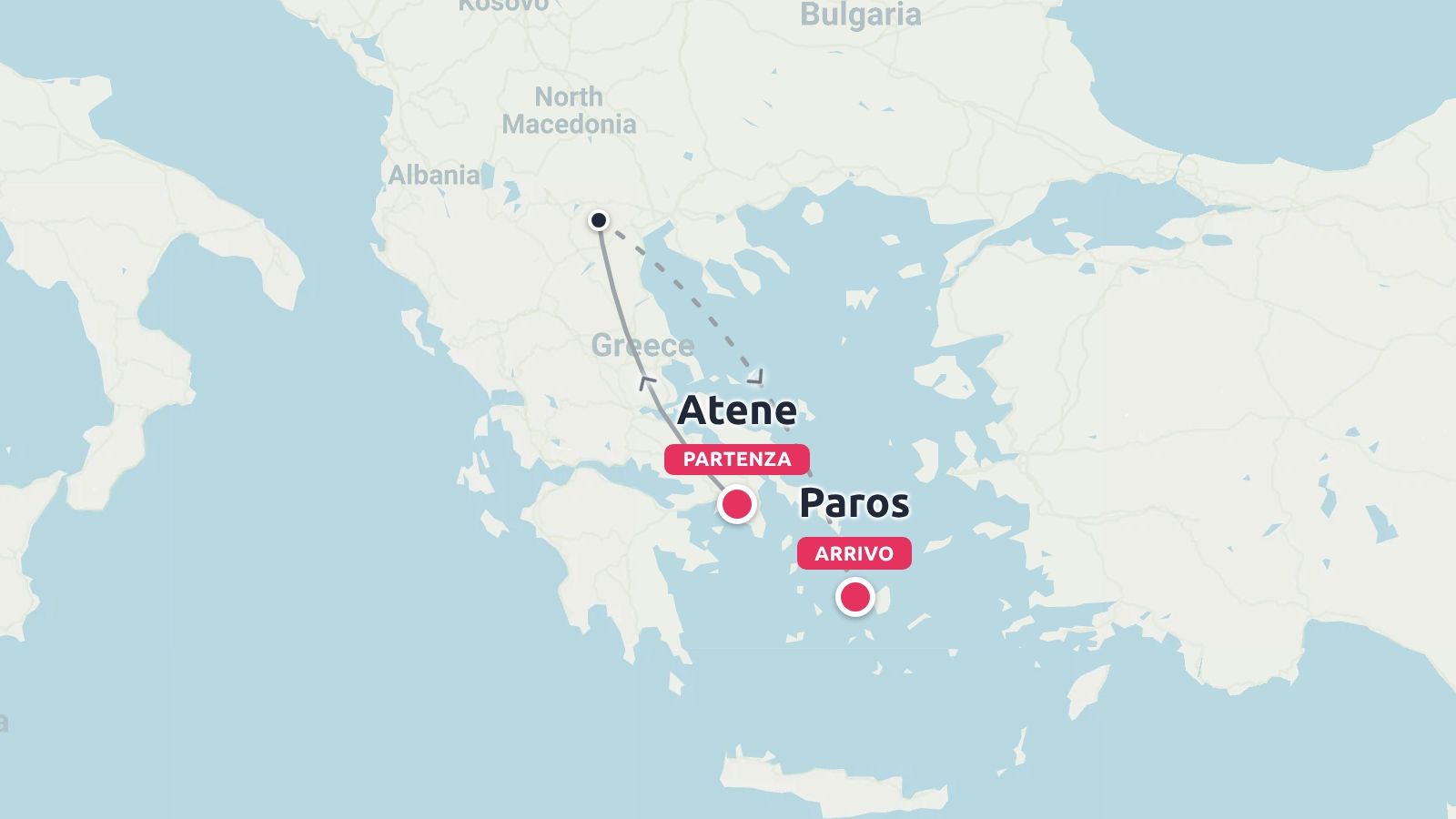 Una mappa della Grecia che mostra un itinerario di viaggio da Atene all'isola di Paros.