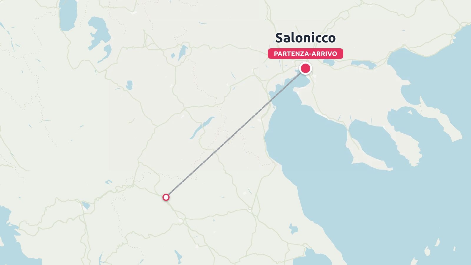 Mappa dell'itinerario di viaggio che mostra una connessione tra due destinazioni con Salonicco contrassegnata come punto di partenza e di arrivo