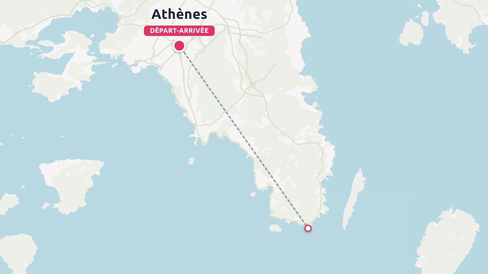 Carte d'itinéraire de voyage montrant Athènes comme point de départ et d'arrivée avec un tracé en pointillés vers la côte sud.