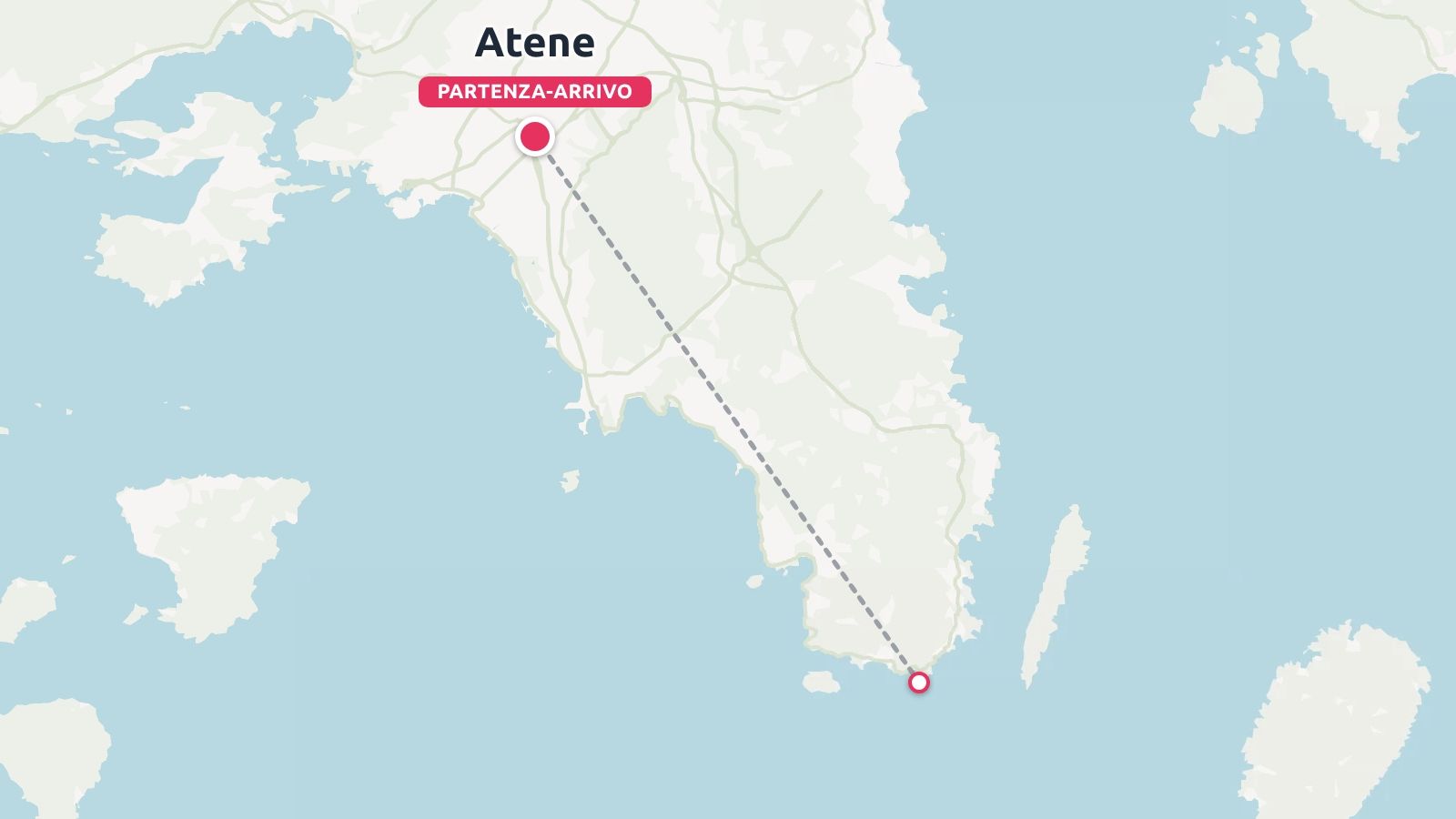 Mappa dell'itinerario di viaggio che mostra un percorso tratteggiato tra Atene e l'estremità meridionale della penisola dell'Attica