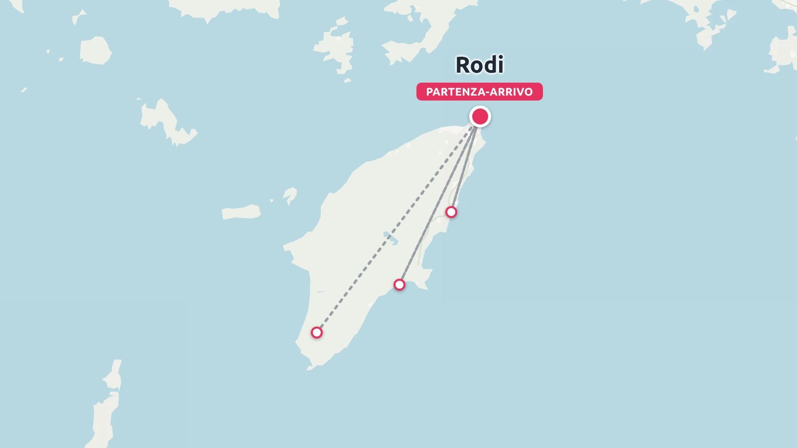 Una mappa dell'itinerario di viaggio dell'isola di Rodi che mostra le fermate del percorso e un punto di partenza e arrivo all'estremità settentrionale.