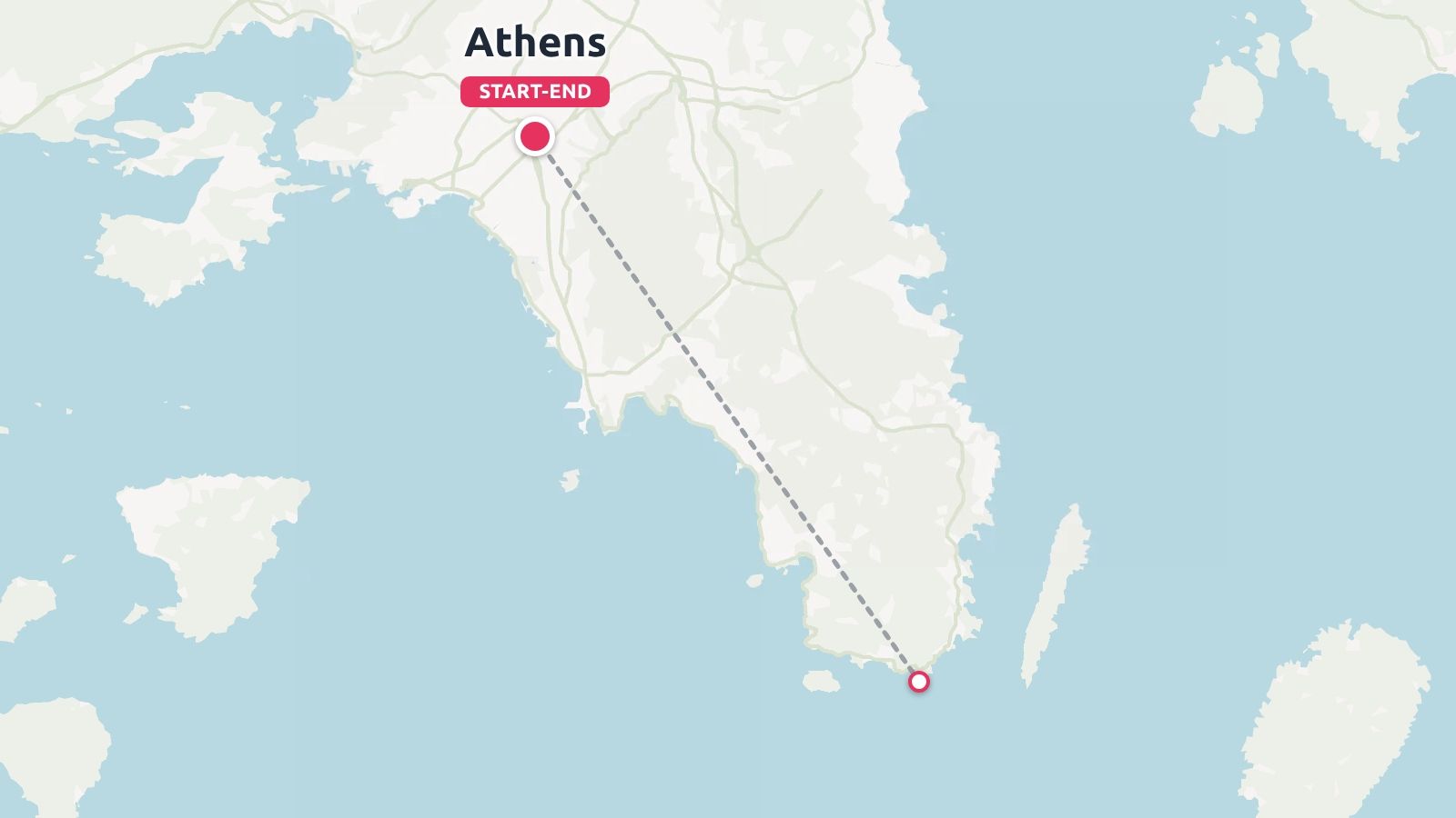 A travel map of Greece showing a route with a start and end point in Athens, leading to the southern coastline.