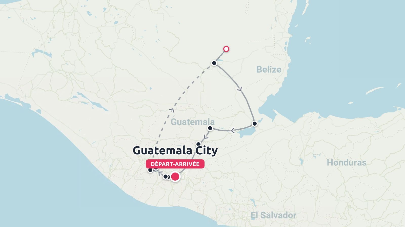 Un itineraire de voyage au Guatemala montrant un parcours circulaire commencant et se terminant a Guatemala