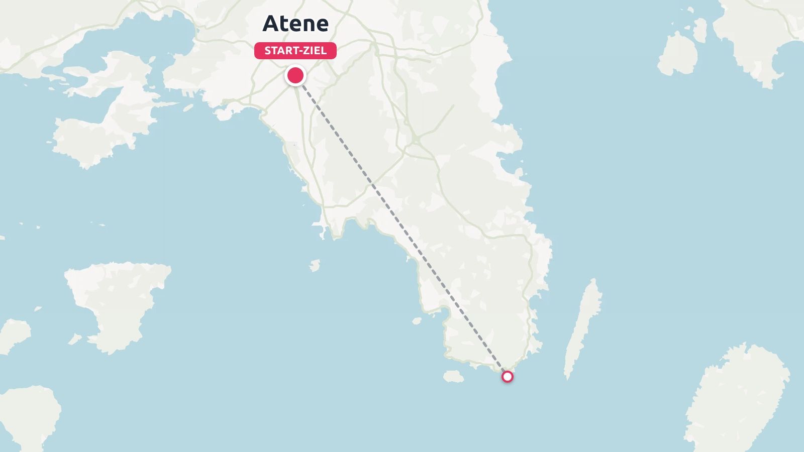 Eine Reiseroute, die eine gestrichelte Linie von Athen bis zur Südspitze der Halbinsel zeigt.