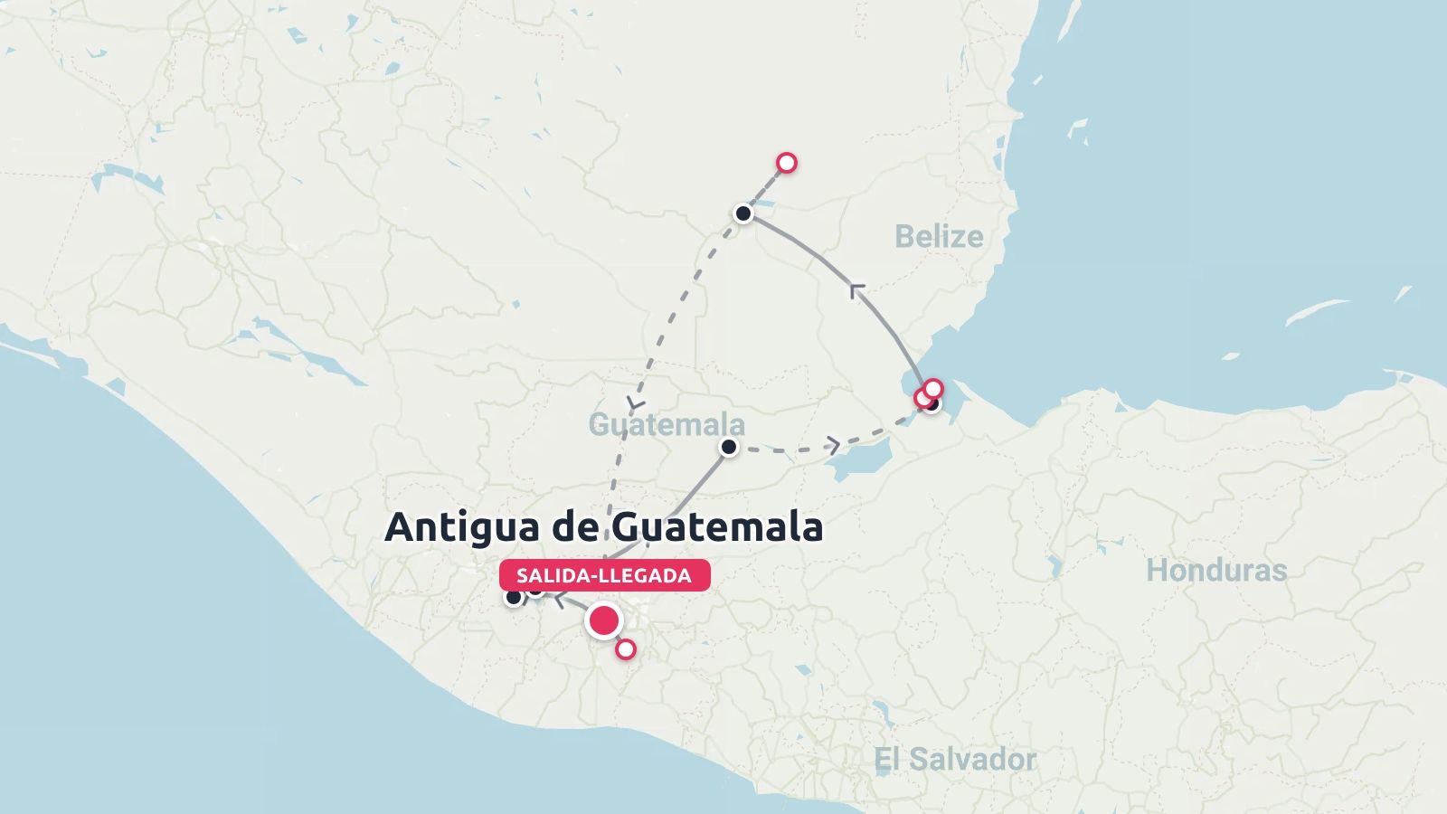 Mapa de ruta de viaje por Guatemala que muestra un recorrido que empieza y termina en Antigua Guatemala