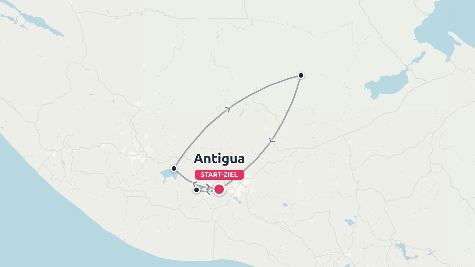 Eine Reiseroute, die als Rundweg in Antigua beginnt und endet.