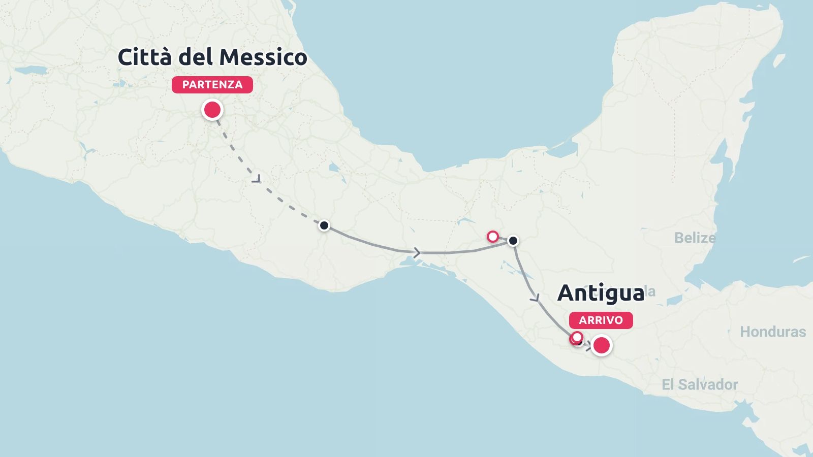 Mappa dell'itinerario di viaggio che mostra un percorso che inizia da Città del Messico e termina ad Antigua, in Guatemala.