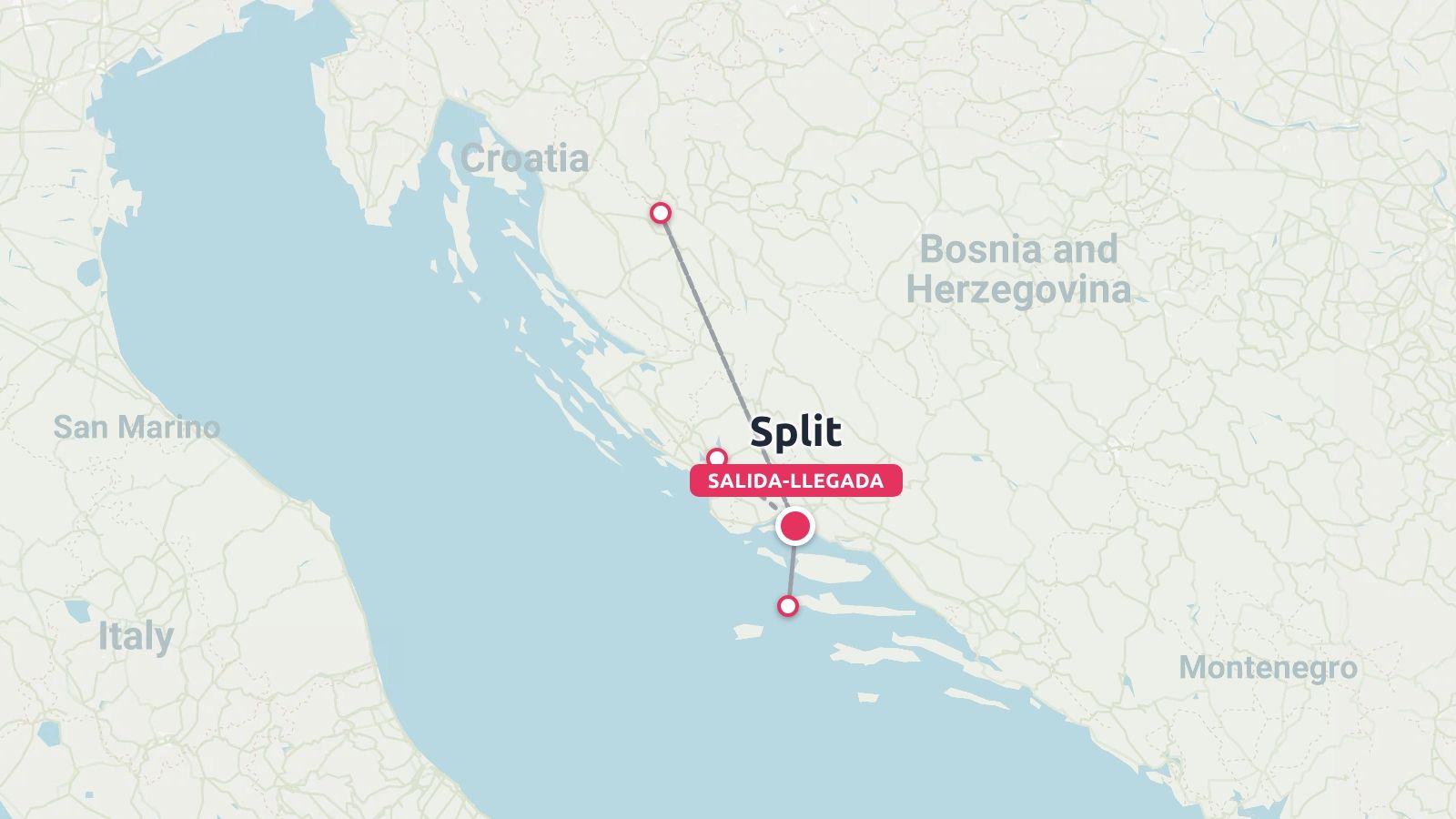Mapa de la ruta de viaje por Croacia que muestra un trayecto que conecta varios lugares con inicio y fin en Split.
