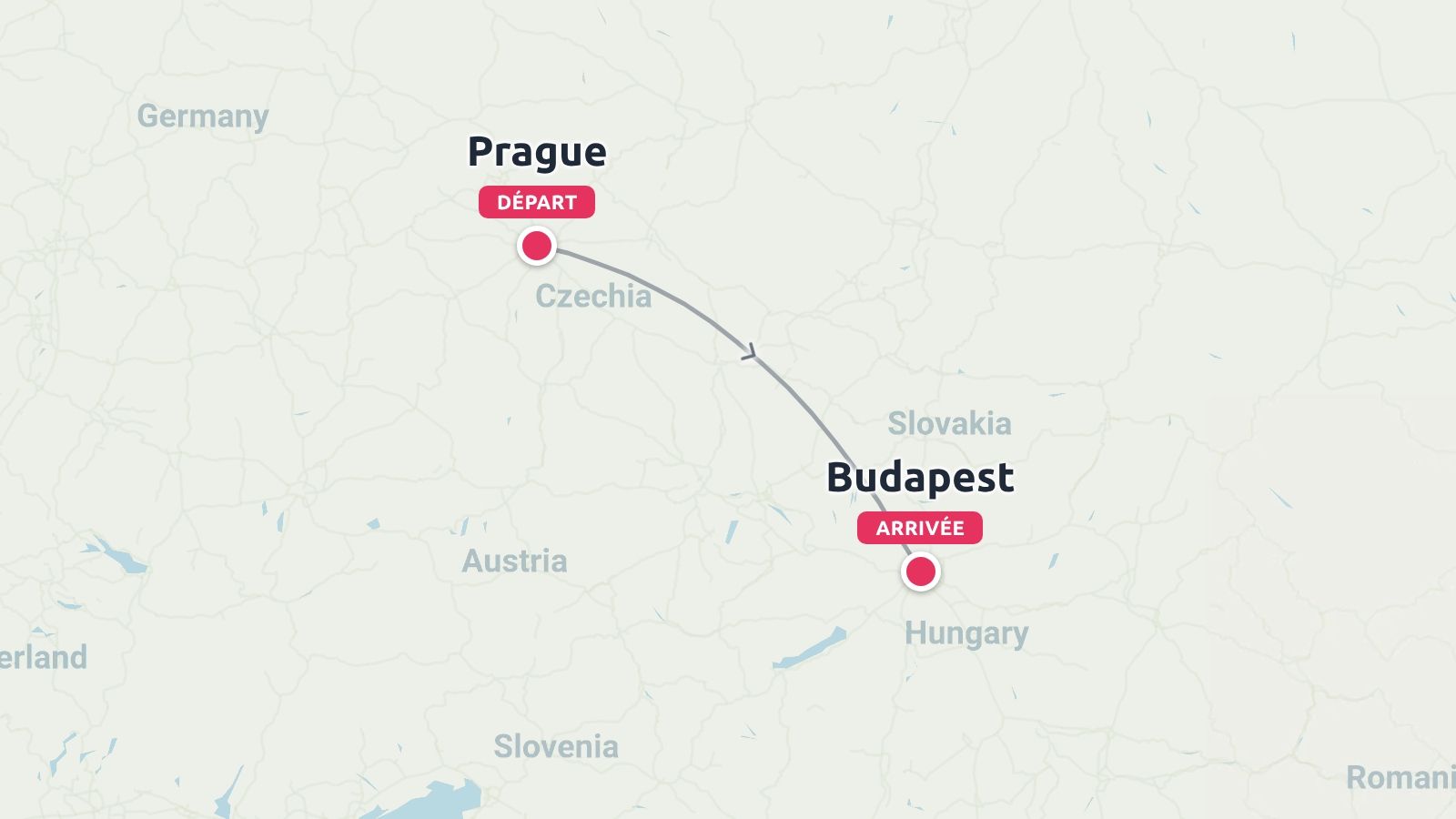 Carte d'itinéraire de voyage montrant un chemin incurvé partant de Prague en Tchéquie et arrivant à Budapest en Hongrie