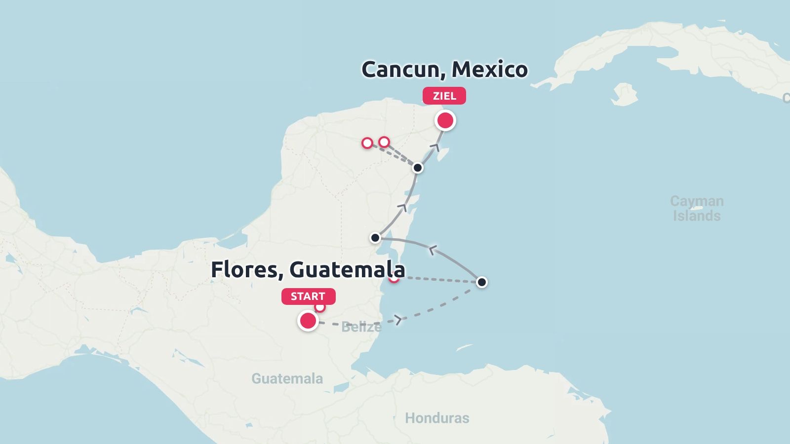 Eine Reiseroute, die in Flores in Guatemala beginnt, durch Belize führt und in Cancun in Mexiko endet.