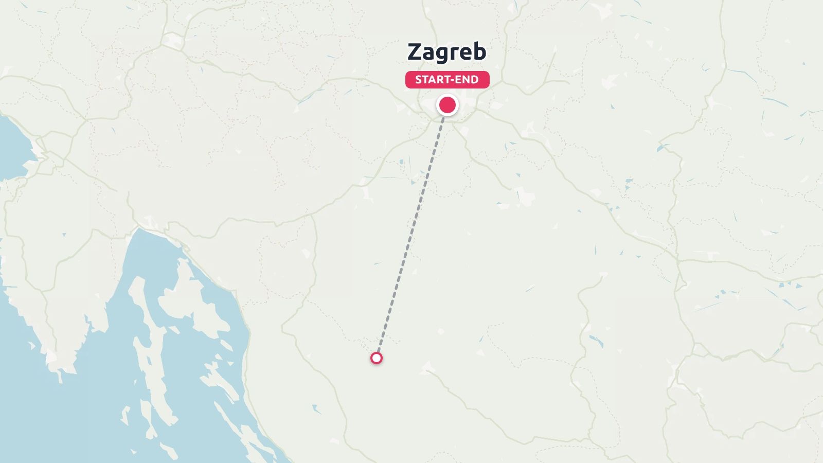 A travel route map showing a dashed line connecting a southern destination with Zagreb marked as start and end.