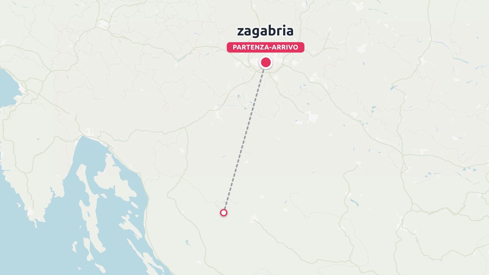 Una mappa di itinerario di viaggio che mostra Zagabria contrassegnata come punto di partenza e di arrivo collegati da una linea tratteggiata