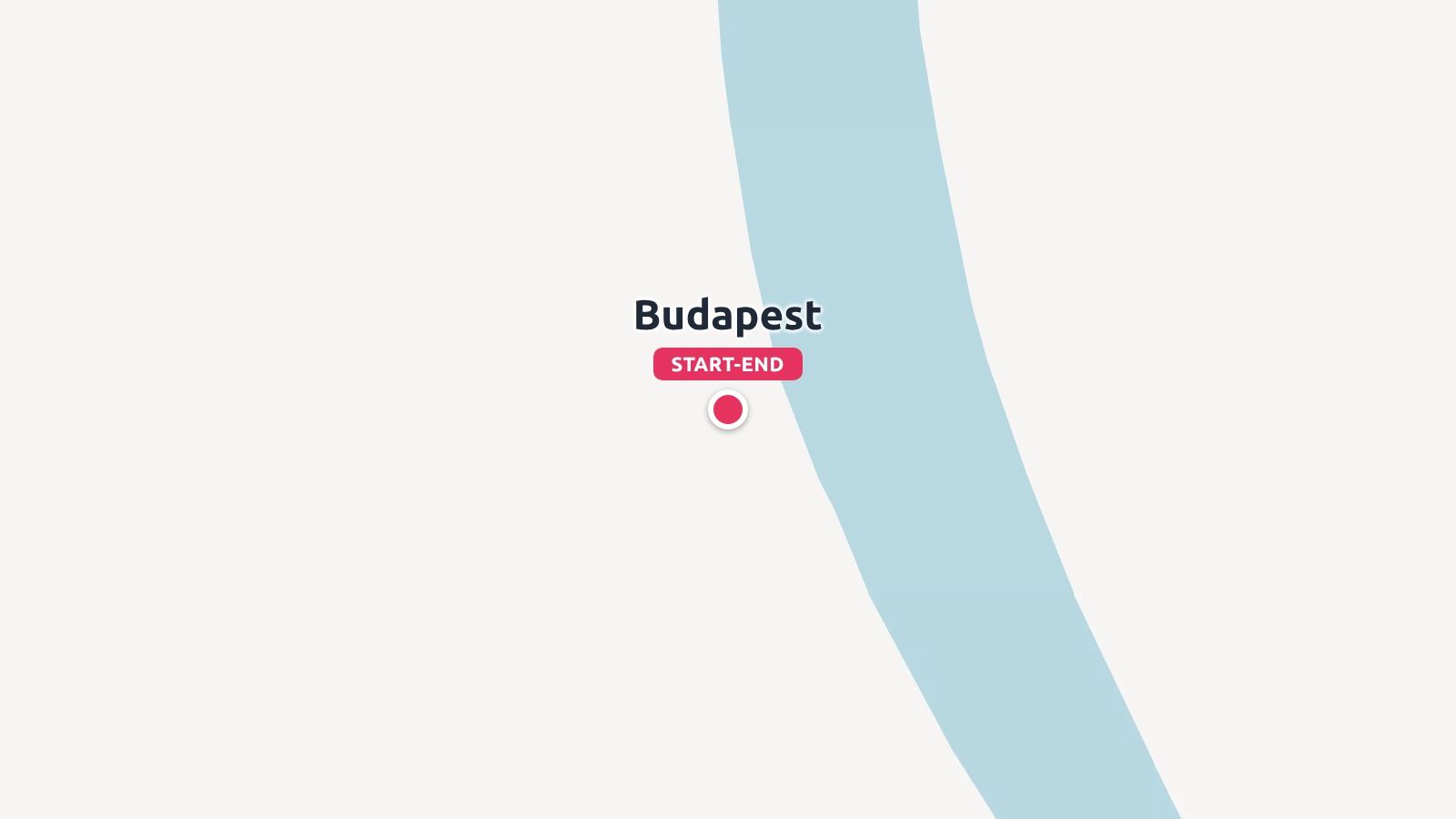 A travel itinerary map displaying Budapest marked with a red start and end destination pin next to a river.