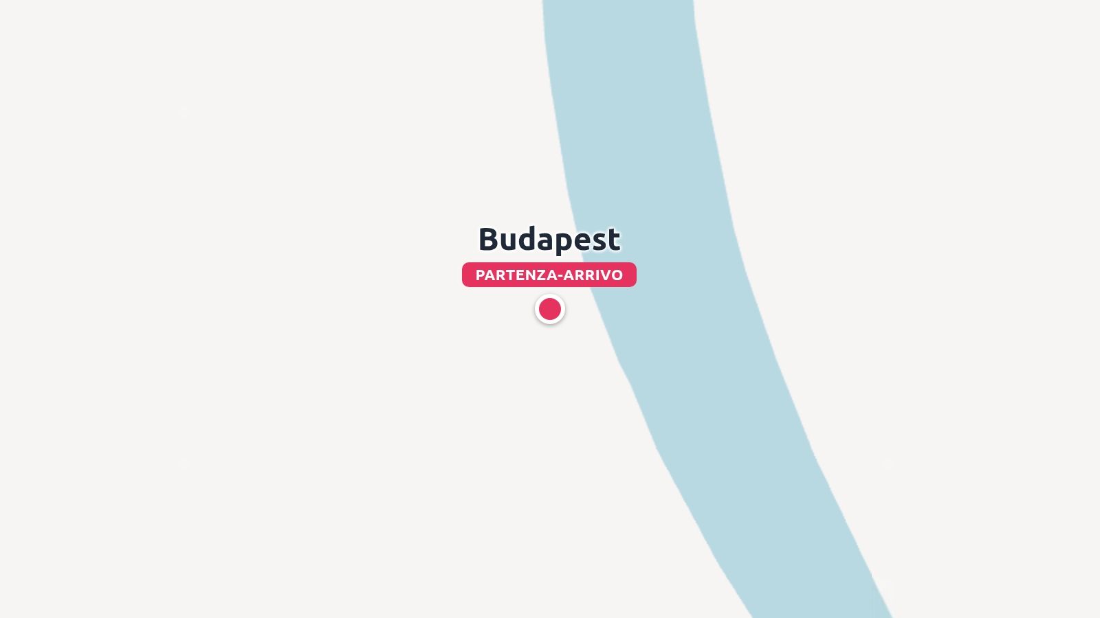 Una mappa minimalista che mostra Budapest contrassegnata da un segnaposto rosso e da un'etichetta di partenza e arrivo accanto a un fiume.