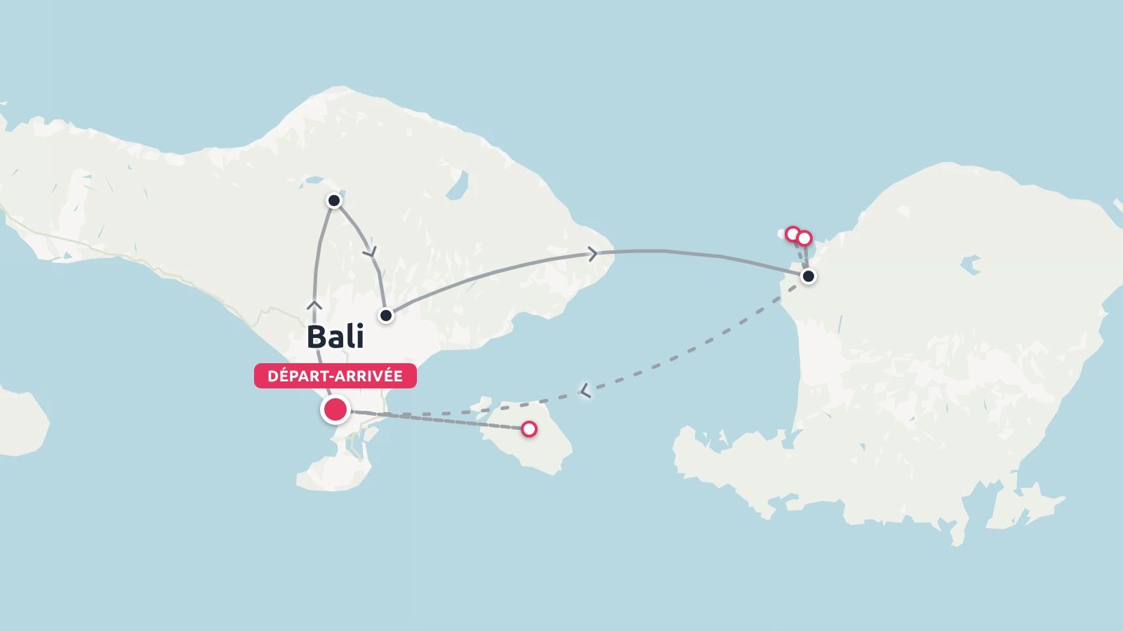 Une carte d'itinéraire de voyage montrant un parcours à arrêts multiples à travers Bali et les îles environnantes avec des repères de départ
