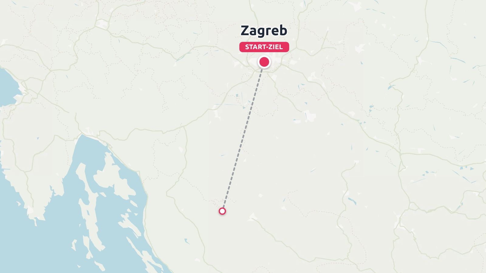 Eine Reiseroute, die eine gestrichelte Linie zeigt, die Zagreb als Start- und Endpunkt mit einem südlichen Ziel verbindet.