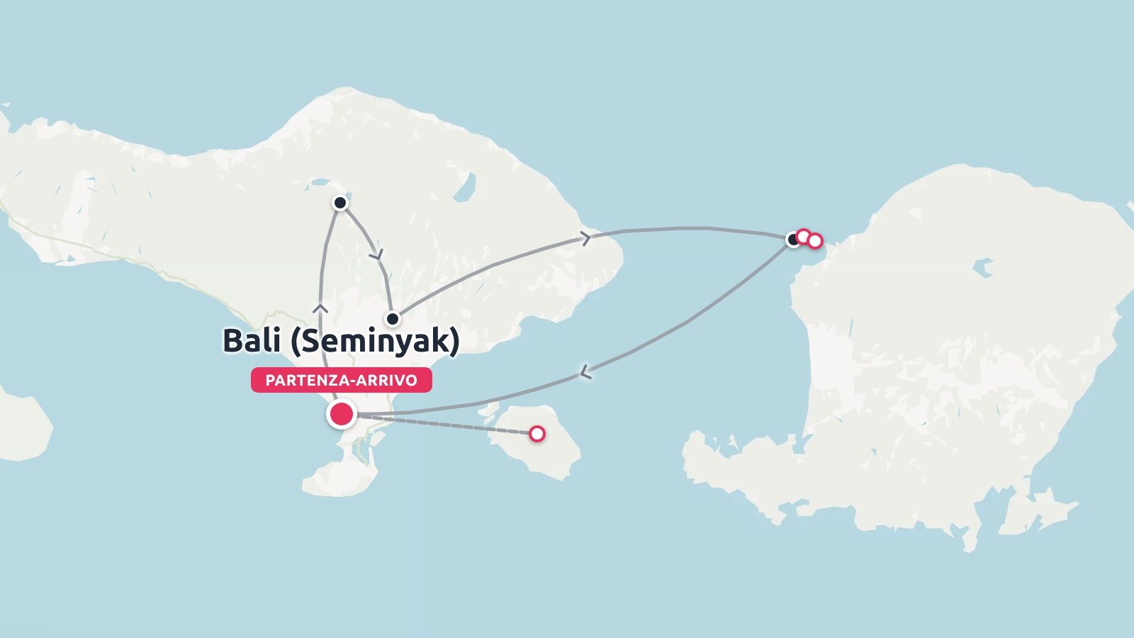 Una mappa di itinerario di viaggio che mostra un percorso attraverso Bali Seminyak e le isole vicine