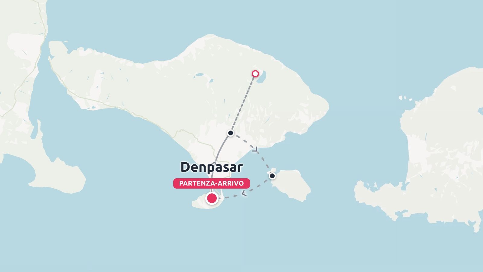 Mappa dell'itinerario di viaggio di Bali che mostra un anello con partenza e arrivo a Denpasar e diverse tappe.