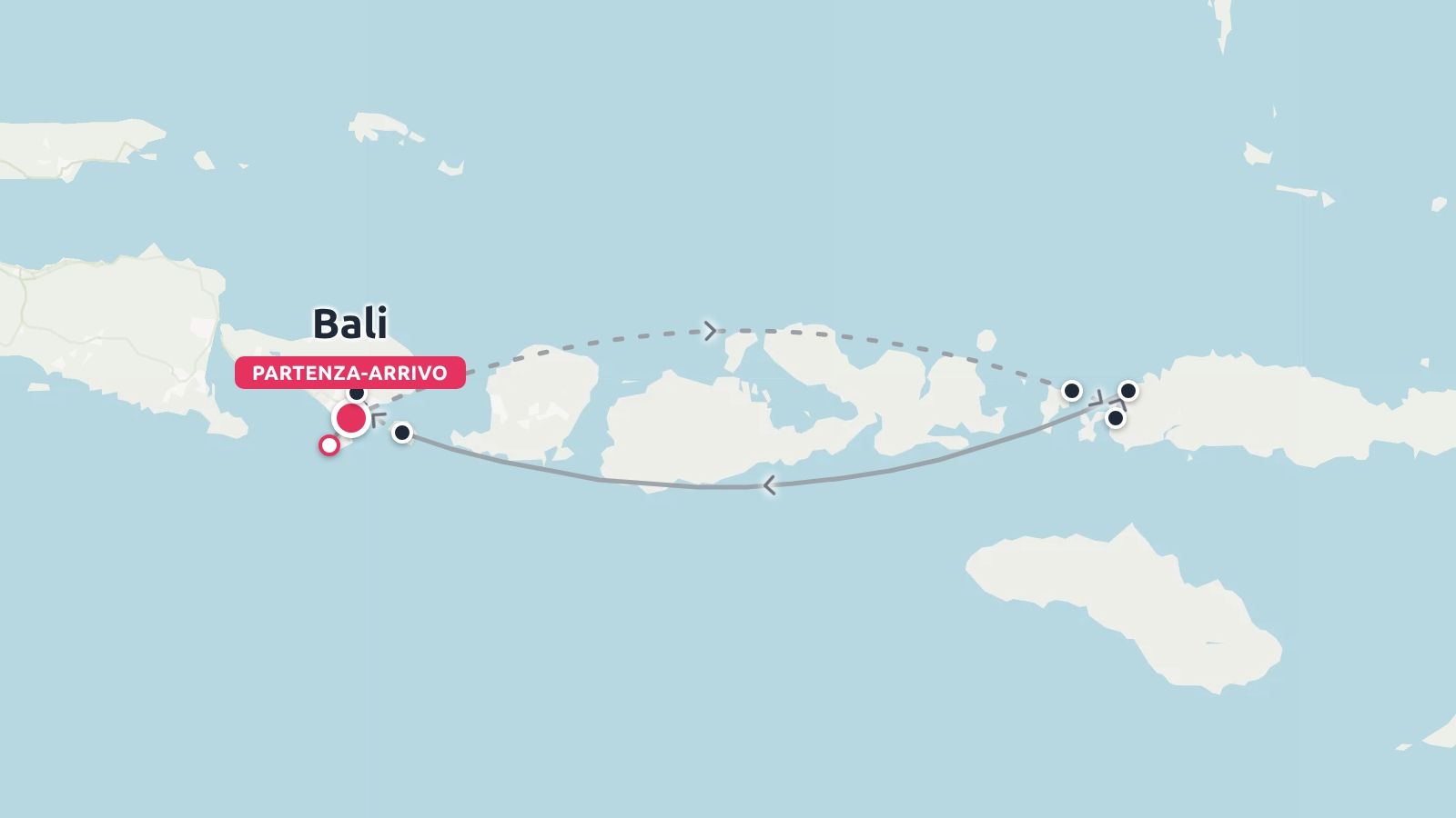 Una mappa del percorso di viaggio che mostra un itinerario con inizio e fine a Bali attraverso le isole indonesiane