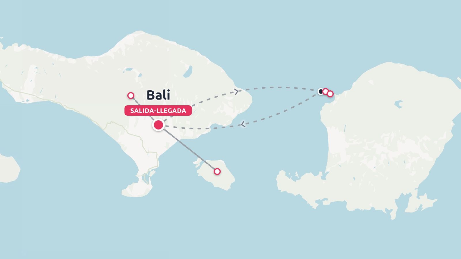 Un mapa de ruta de viaje que muestra destinos conectados en Bali y las islas vecinas.