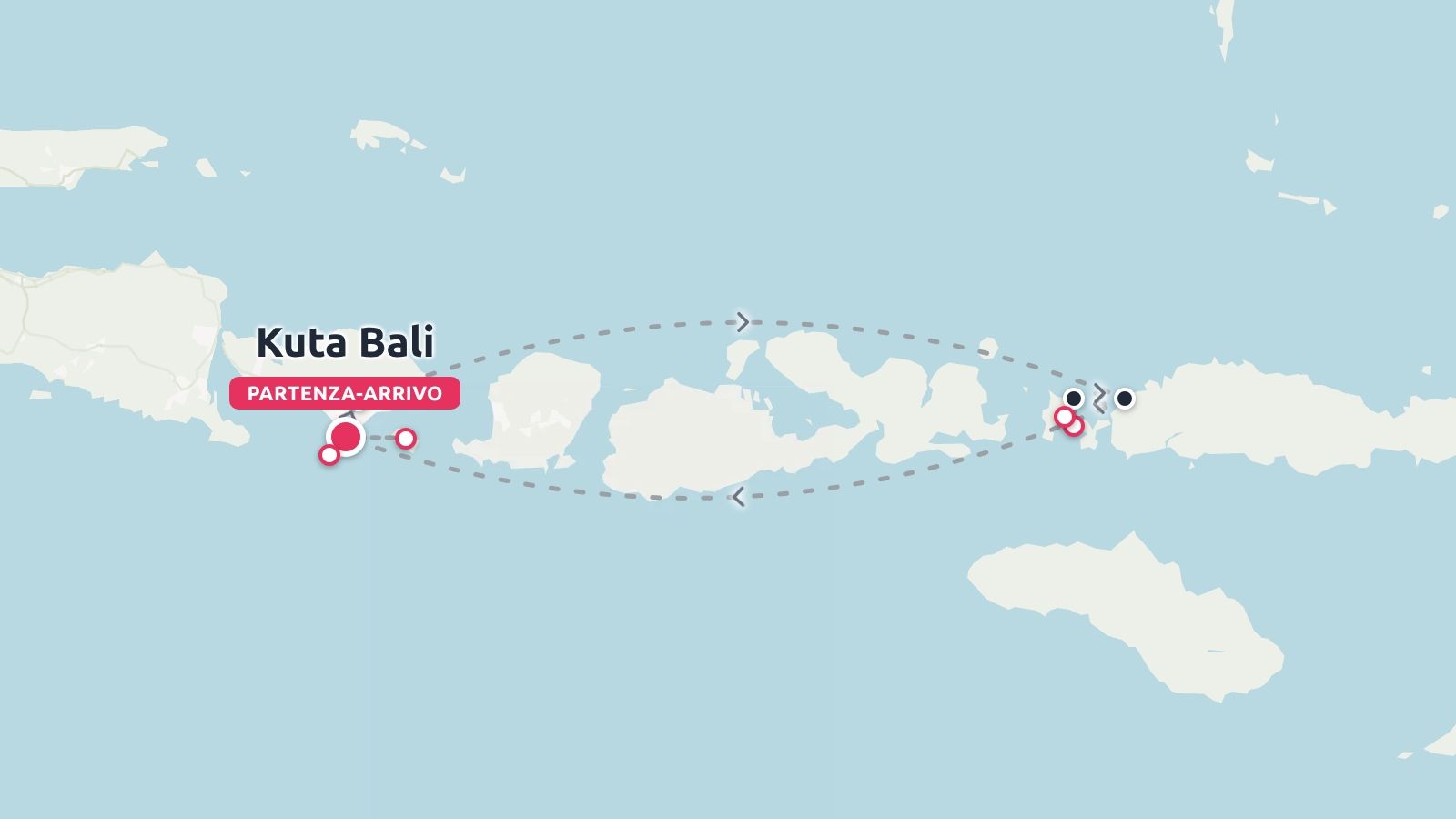 Una mappa del percorso di viaggio che mostra un itinerario ad anello con partenza e ritorno a Kuta Bali attraverso le isole indonesiane