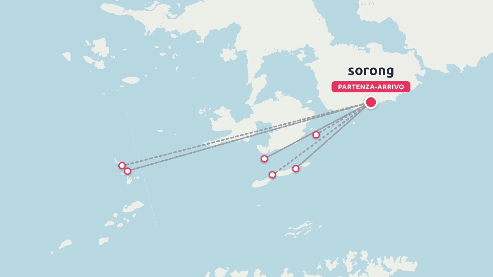Una mappa dell'itinerario di viaggio che mostra la partenza e l'arrivo a Sorong con waypoint collegati tra le isole vicine