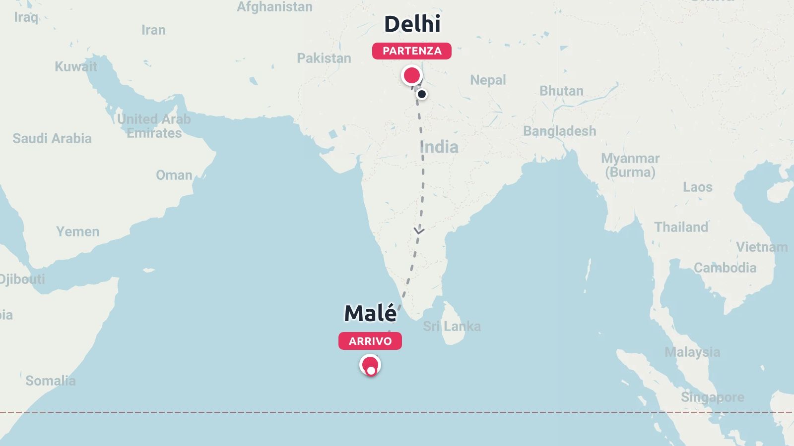 Mappa che mostra un itinerario di viaggio che collega Delhi come partenza e Malé come arrivo attraverso l'Asia meridionale.