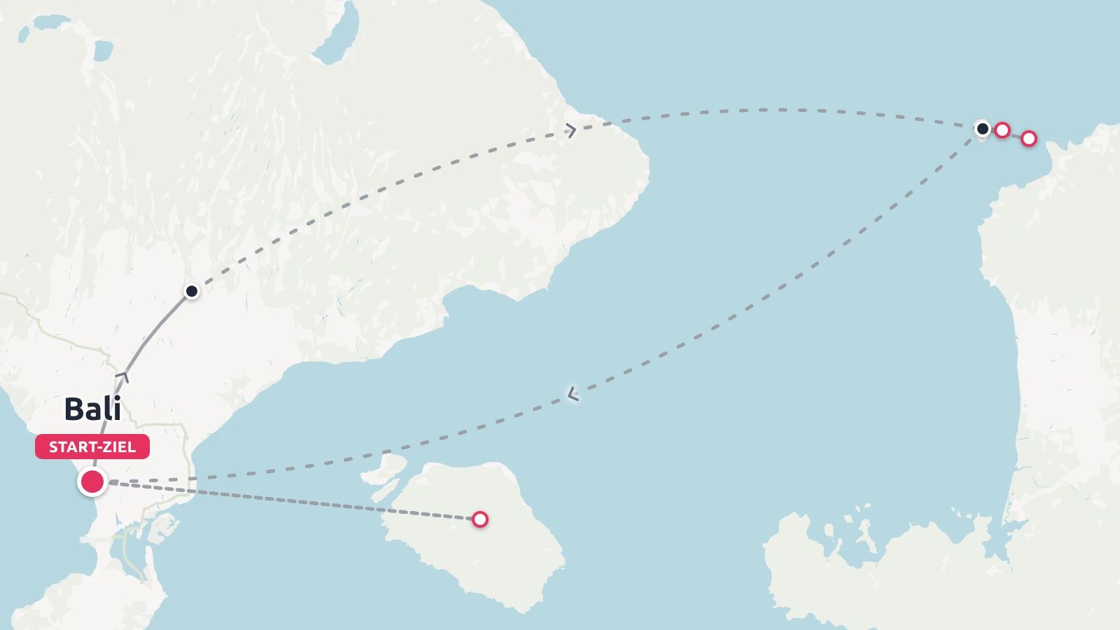 Eine Reiseroute mit Verbindungslinien und Wegpunkten, die in Bali beginnt und endet.